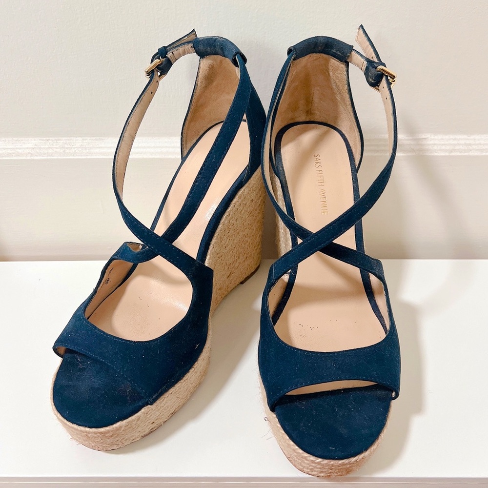 Saks Fifth Avenue Women’s Size 8 M Navy Blue Suede Espadrille Strappy Wedge